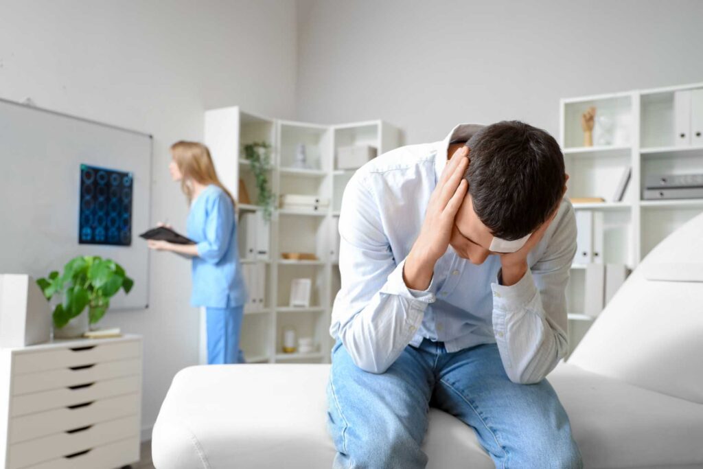 Man experiencing head pain in a medical office after a traumatic brain injury, with a doctor reviewing his scans in the background