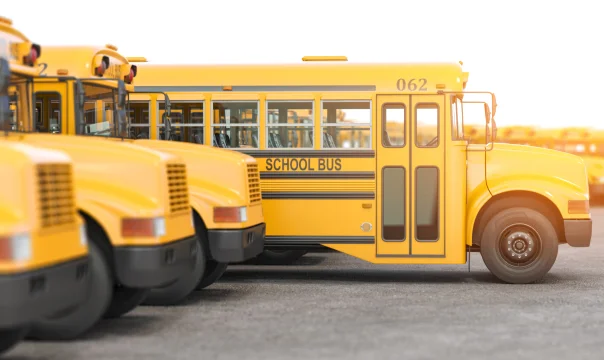 A row of bright yellow school buses parked in a lot, with one bus prominently displayed in the foreground.