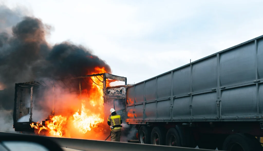Firefighter battles flames engulfing a truck on the highway, with thick black smoke billowing into the sky.