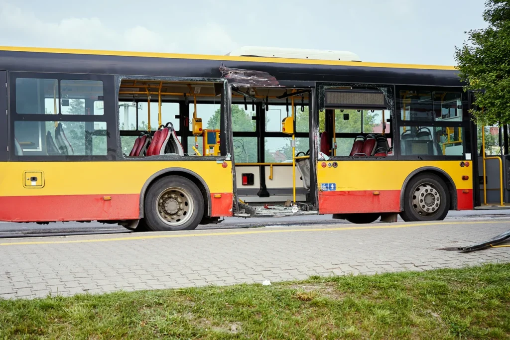 Damaged yellow and red bus shows exposed interior, with red seats visible, parked near a grassy area.