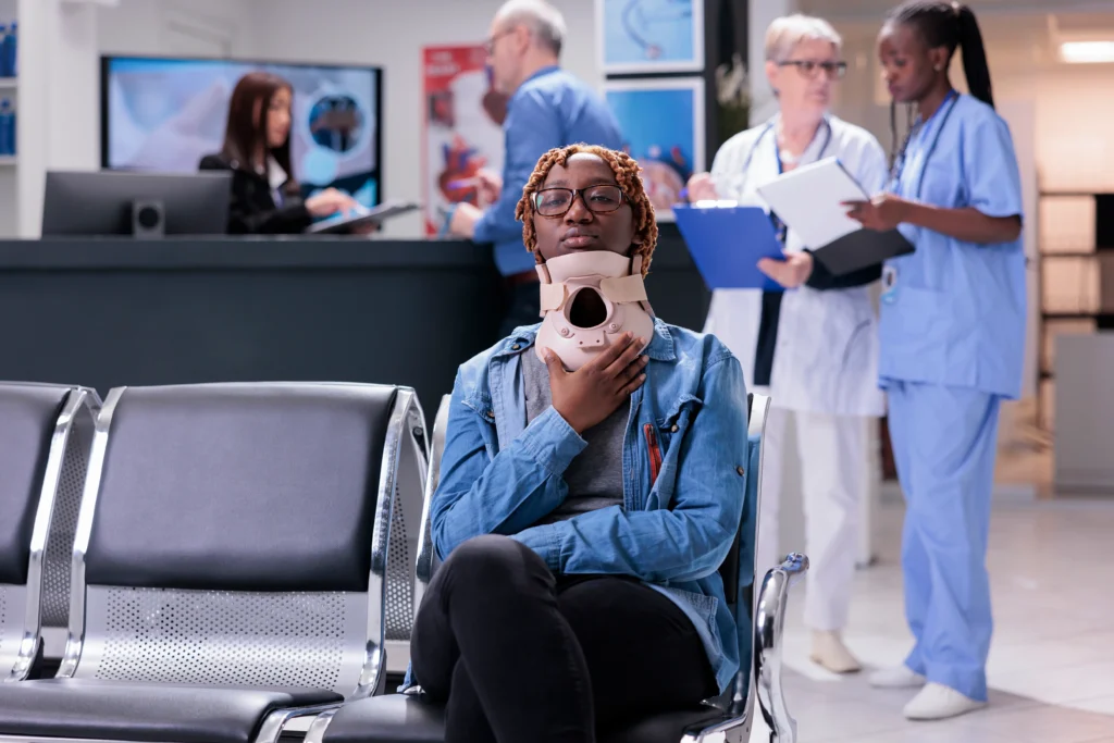 Person with neck brace sitting in a waiting area of a medical facility. Medical staff are in the background engaged in conversation.