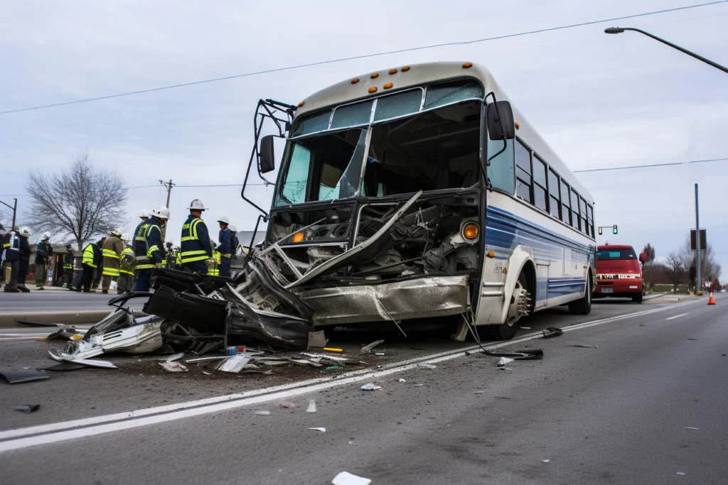A damaged bus with a crushed front end sits on a road, debris scattered around, as emergency responders assess the situation nearby.