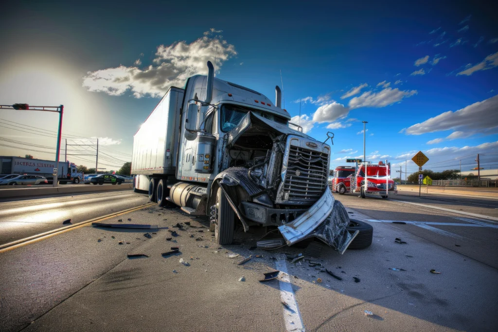 Wrecked semi-truck on the road, with debris scattered around. Emergency vehicles are visible in the background under a blue sky.