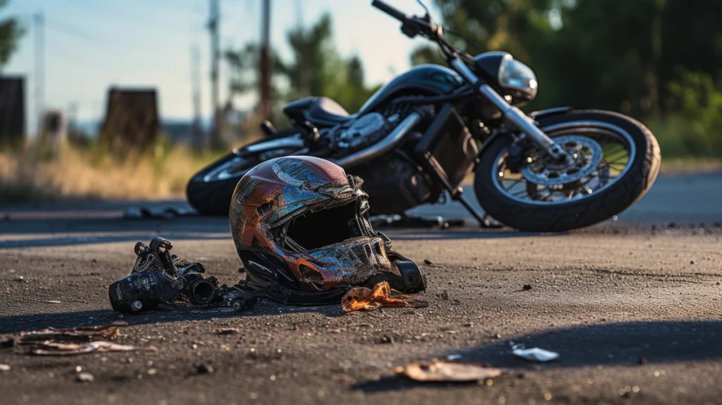 A damaged motorcycle helmet lies on the road, with a motorcycle in the background, suggesting a recent accident.