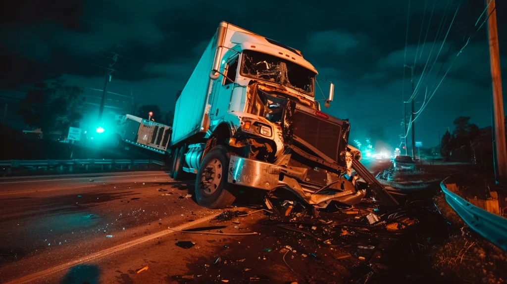 A severely damaged truck rests precariously on a darkened road, illuminated by blue-green lights, debris scattered nearby.