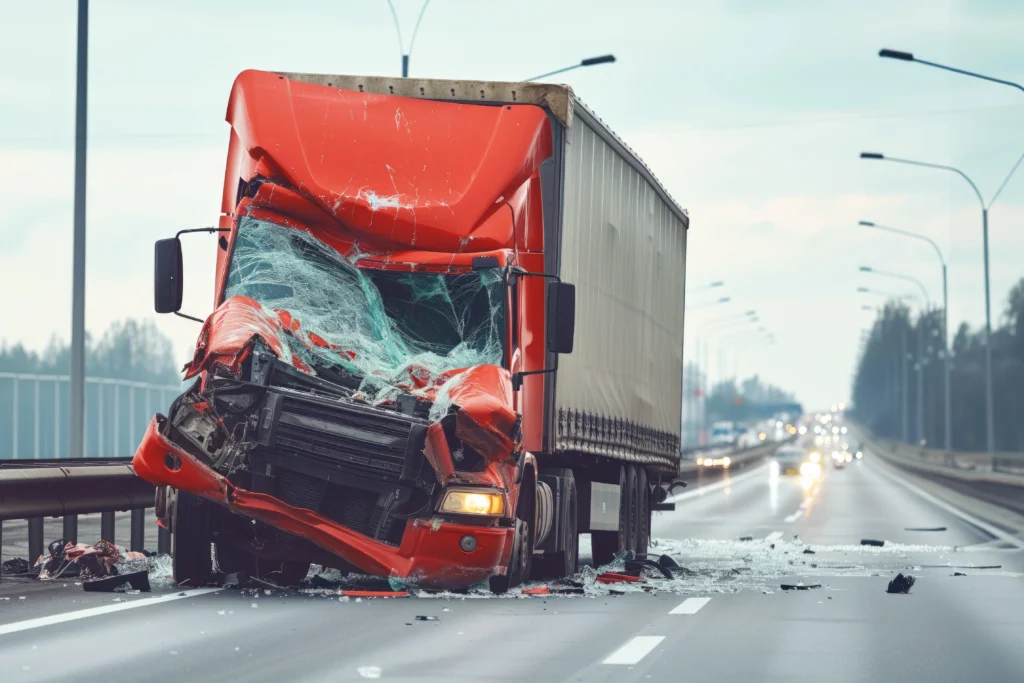 A severely damaged red truck on a highway, with a shattered windshield and debris scattered on the road, indicating a serious accident.